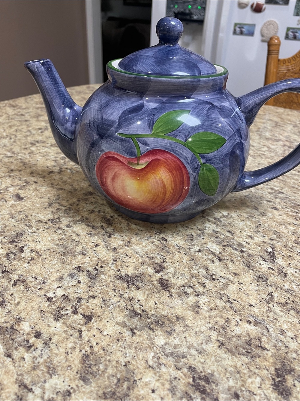 Vintage Apple Ceramic Tea Pot. Blue/Red/Green. EUC. Farmhouse design
